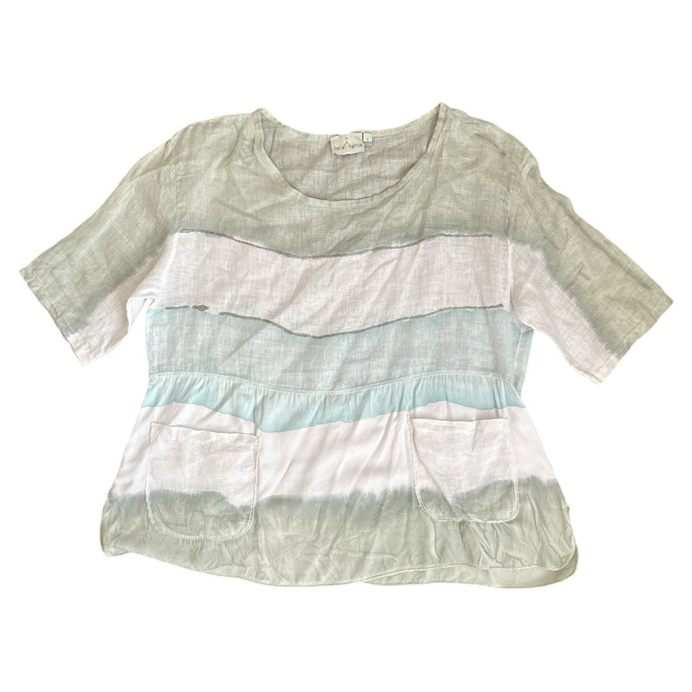 Belle France Tri Colour Top-SAGE/BLUE size Small
